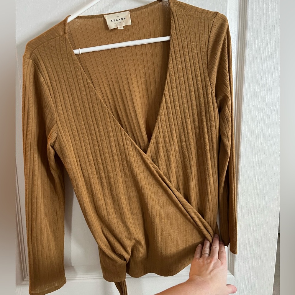 Sezane Tan Ribbed Wrap long sleeve